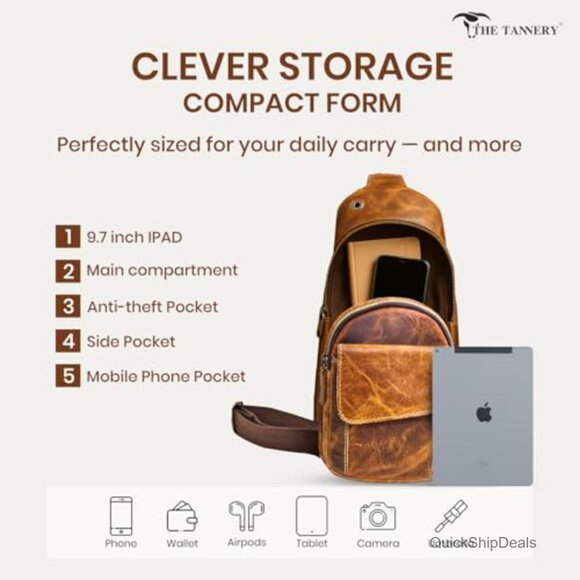 Buffalo Leather Travel Hiking Crossbody Chest Backpack Adjustable Strap main image 4